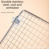 Close-up view of a stainless steel wire mesh bird perch platform with a circular attachment point.