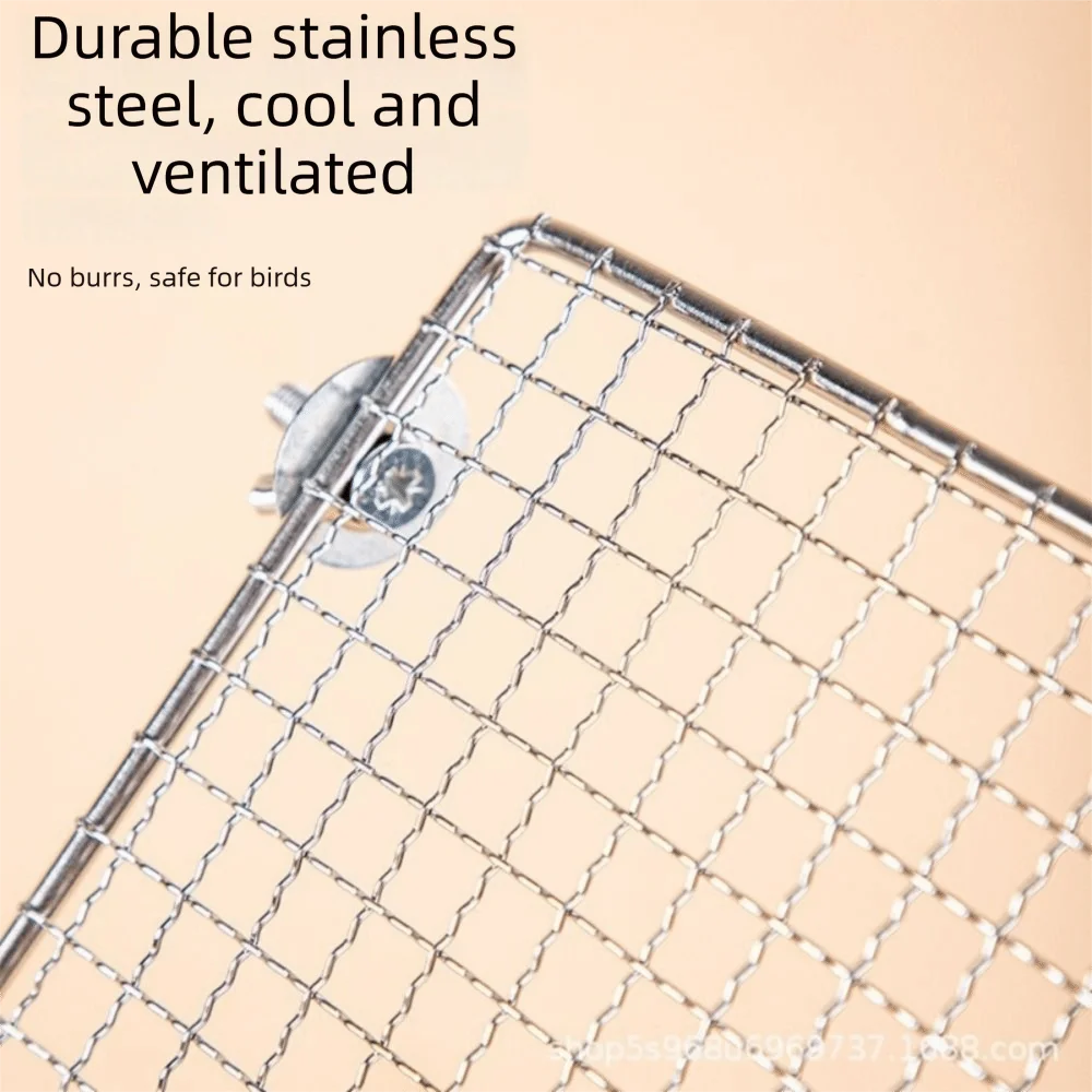 Close-up view of a stainless steel wire mesh bird perch platform with a circular attachment point.