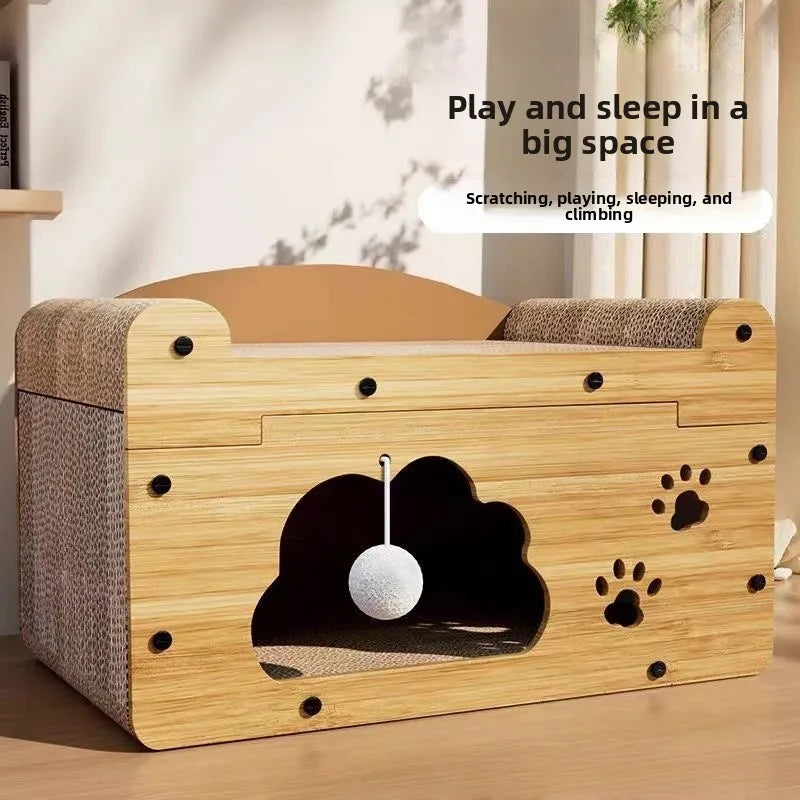 A wooden cat scratcher house and lounge bed with a padded cover and a spherical toy inside.