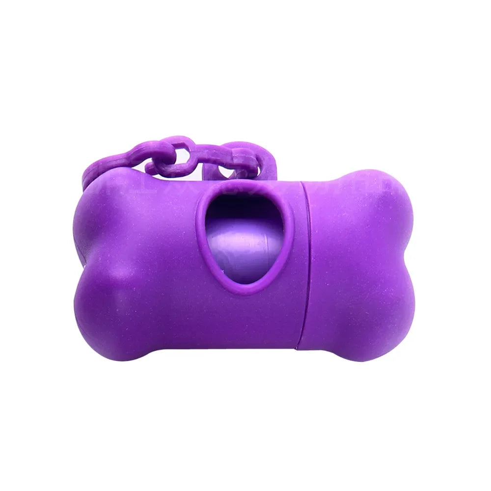 Purple bone-shaped poop bag dispenser with a clip.