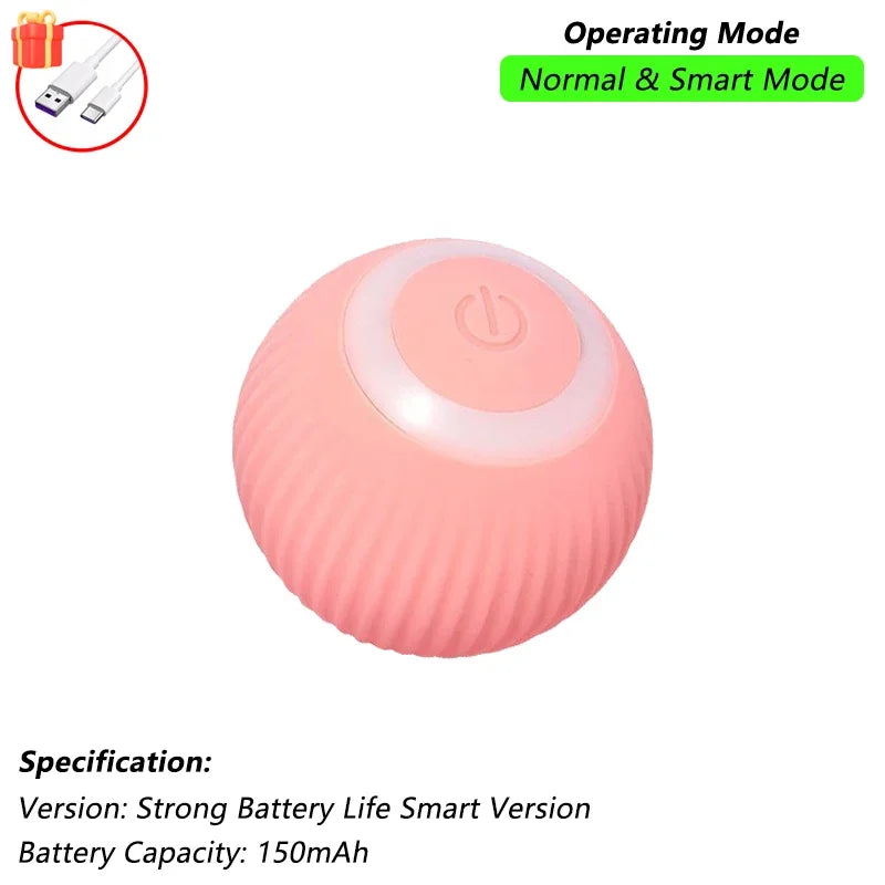 A pink, spherical interactive automatic rolling cat toy with a switch for operating mode.