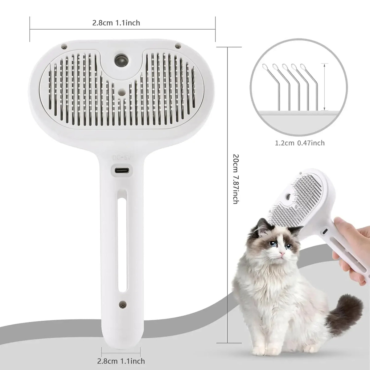 A white 3-in-1 pet grooming steam brush spray comb is shown next to a cat.