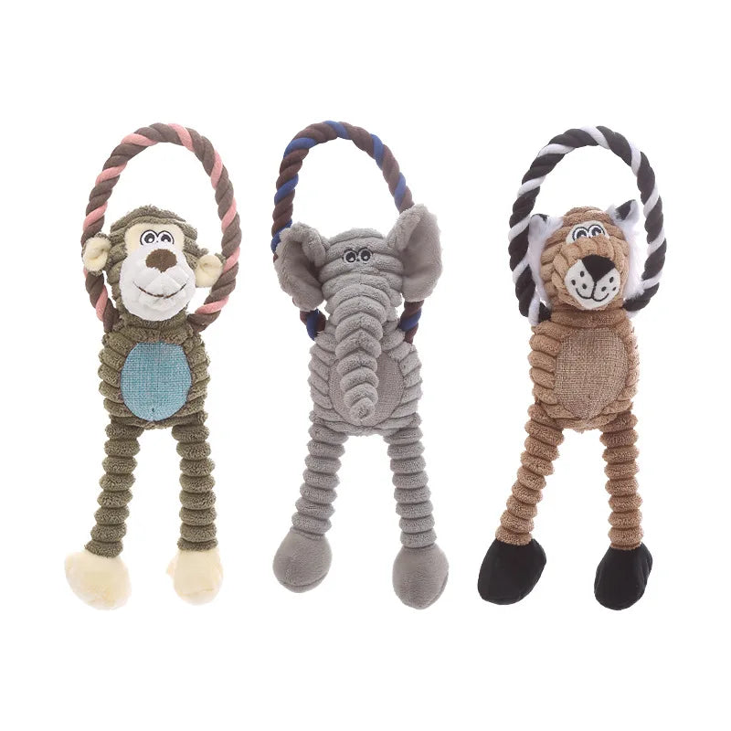 Three plush bone dog squeaky chew toys in shades of green, gray, and brown.