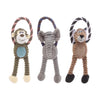 Three plush bone dog squeaky chew toys in shades of green, gray, and brown.
