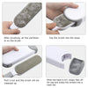 Instructions showing how to use a reusable lint remover brush for pet hair and lint, including brushing, dipping, and cleanin