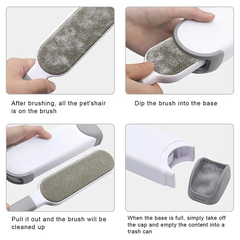 Instructions showing how to use a reusable lint remover brush for pet hair and lint, including brushing, dipping, and cleanin