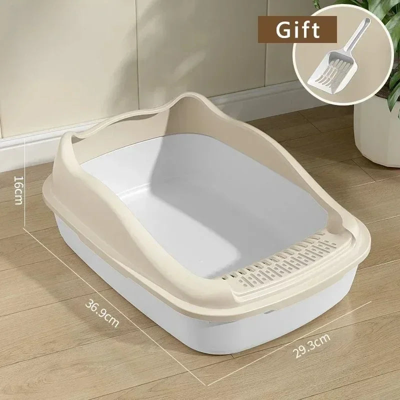 A beige high-sided cat litter box with an anti-splash design shown on a wooden floor.