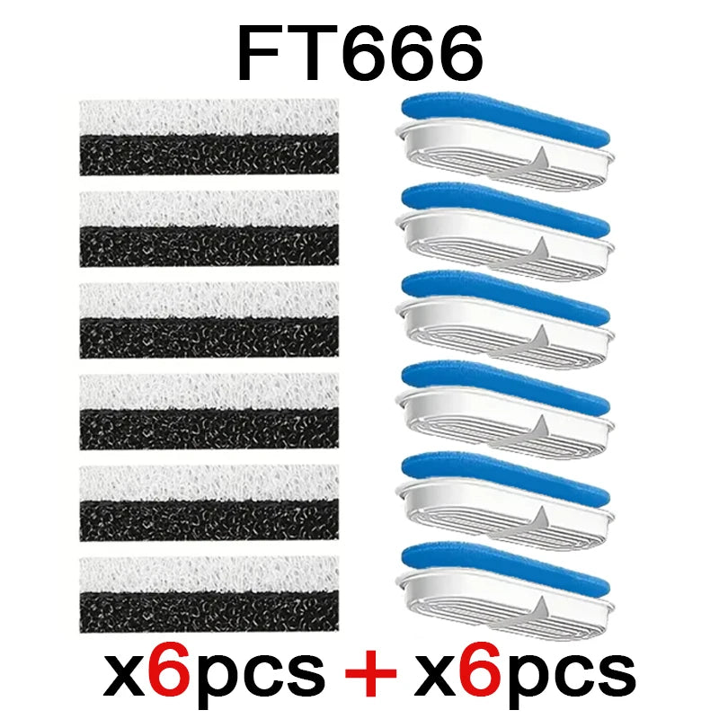 Seis bebederos para mascotas de acero inoxidable con detalles azules y tapetes de silicona negros.