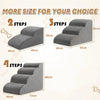 Demonstration of foam pet stairs in four different sizes, showing step configurations and dimensions.