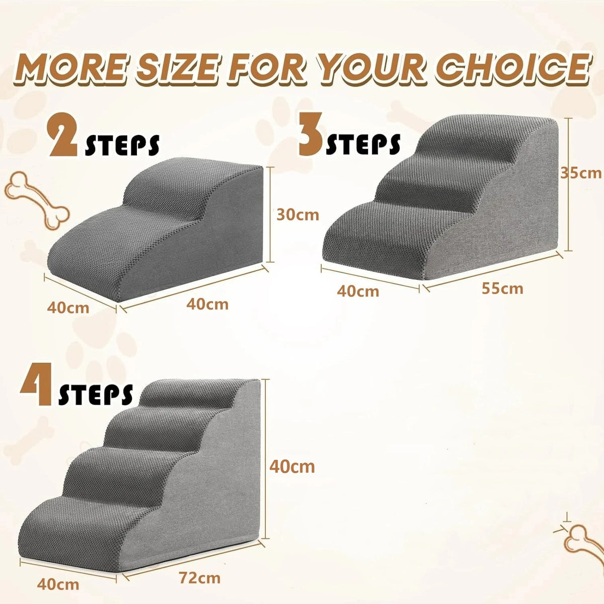 Demonstration of foam pet stairs in four different sizes, showing step configurations and dimensions.
