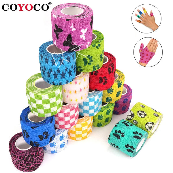 Rollos de cinta elástica autoadhesiva impresa y colorida en varios patrones y colores