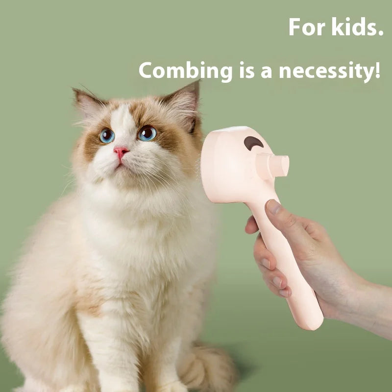 A person is combing a fluffy ginger and white cat with a pink grooming brush.