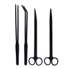 A set of stainless steel aquarium plant trimming tools including various types of scissors and shears.
