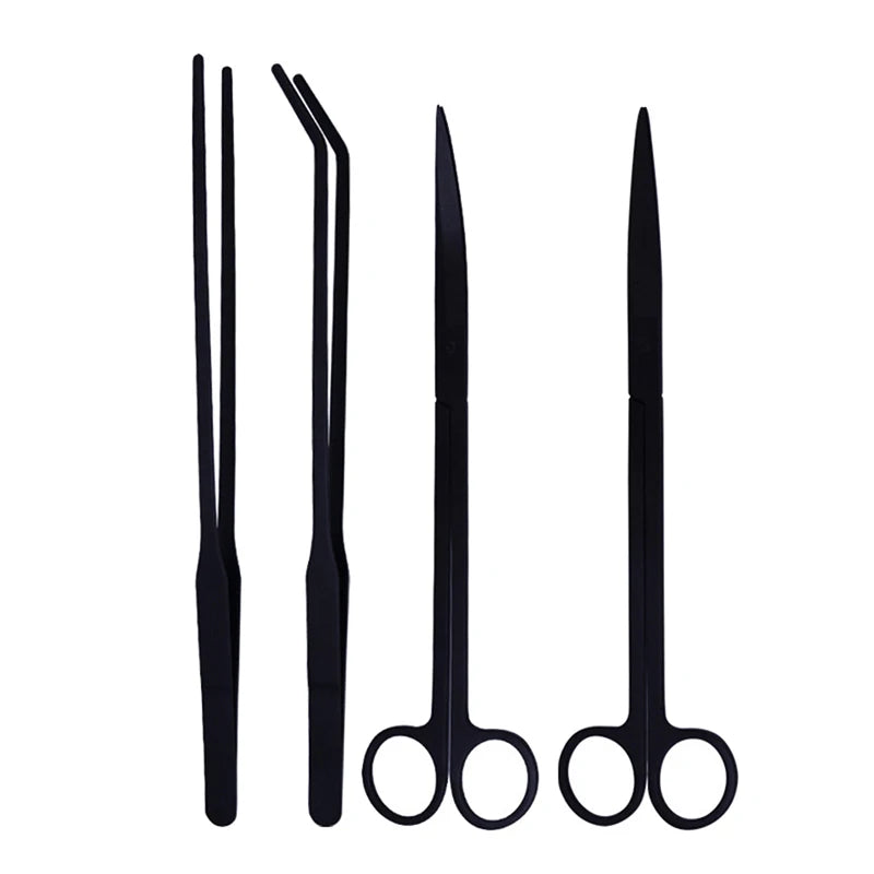 A set of stainless steel aquarium plant trimming tools including various types of scissors and shears.