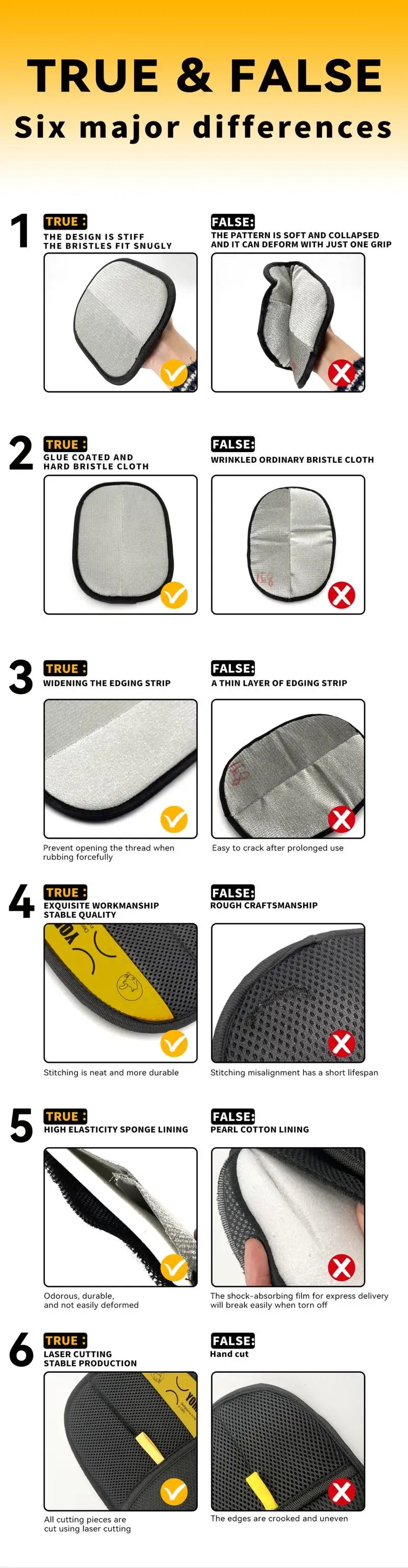 Comparison chart showing six major differences between true and false pet hair remover electrostatic gloves for cats and dogs