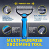 A blue multi-purpose grooming tool featuring dual-sided teeth for pet mats and thinning, with an ergonomic grip.