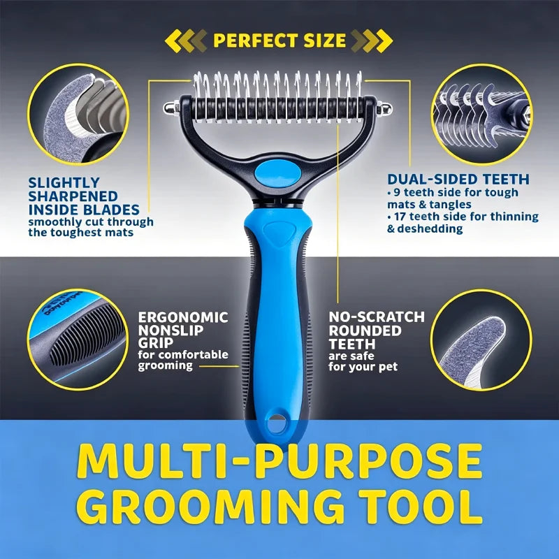 A blue multi-purpose grooming tool featuring dual-sided teeth for pet mats and thinning, with an ergonomic grip.