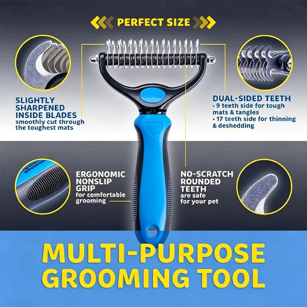 A blue multi-purpose grooming tool featuring dual-sided teeth for pet mats and thinning, with an ergonomic grip.