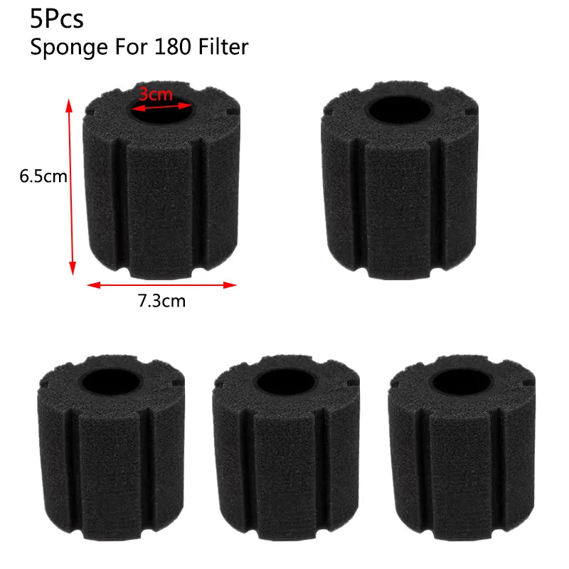 Five black sponge filters for an 180 filter, shown in various views and dimensions.