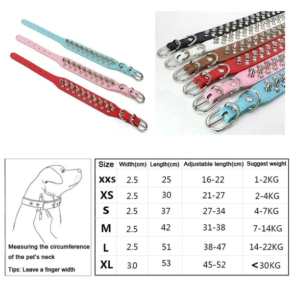 A collection of adjustable leather spiked dog collars in various colors and sizes with detailed measurements.
