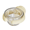 A transparent hanging bird feeder box with a light beige, detachable design.