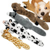 A collection of five crinkle squeaky dog toys featuring various fur textures and patterns.