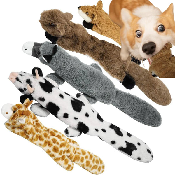 A collection of five crinkle squeaky dog toys featuring various fur textures and patterns.