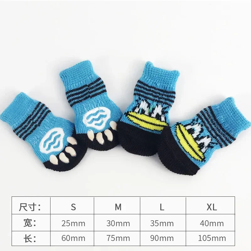 A set of cute pet dog and cat shoes in blue and black striped fabric for small pets
