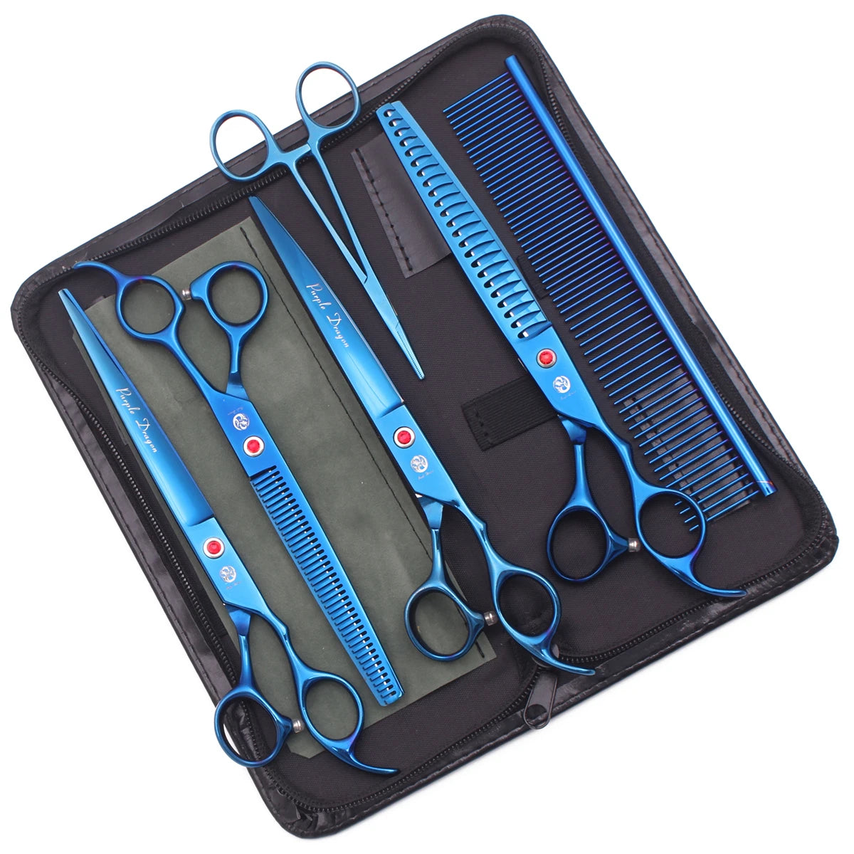 Schwarze Hülle mit blauen Edelstahl-Groomer-Schere und Kamm für Haustiere
