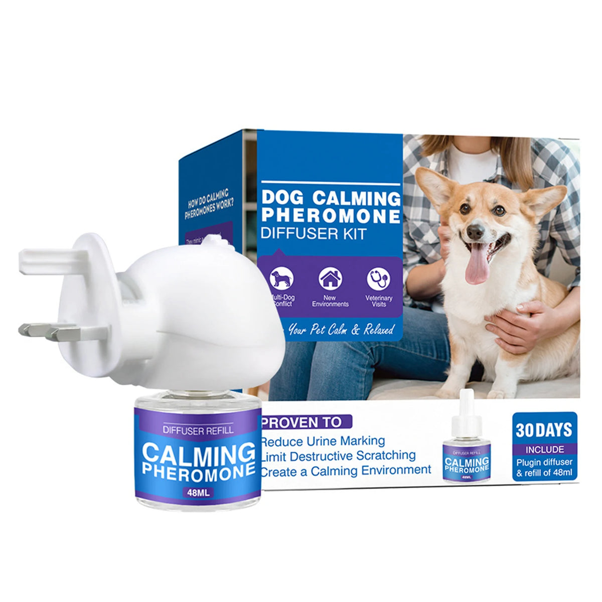A white dog calming pheromone diffuser kit with a refill bottle and packaging displayed next to a person.