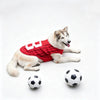 A fluffy dog wearing a red and white sports jersey vest lying next to a soccer ball.