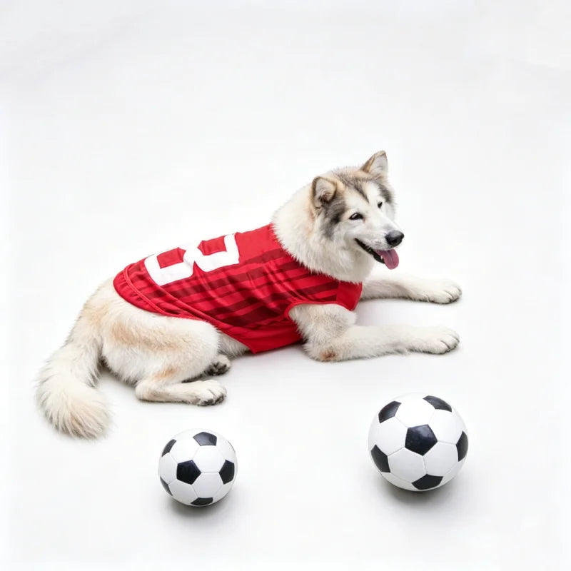 A fluffy dog wearing a red and white sports jersey vest lying next to a soccer ball.