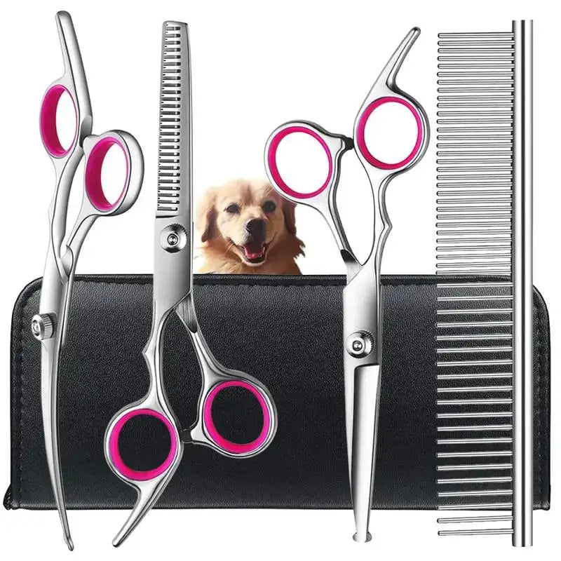A set of premium titanium dog grooming scissors displayed on a black case with a golden retriever in the background.