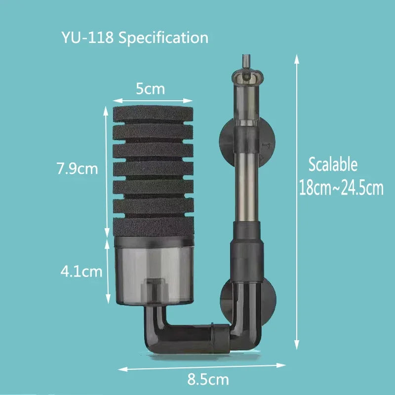A vertical black aquarium bio sponge filter with a surface skimmer, shown against a teal background.