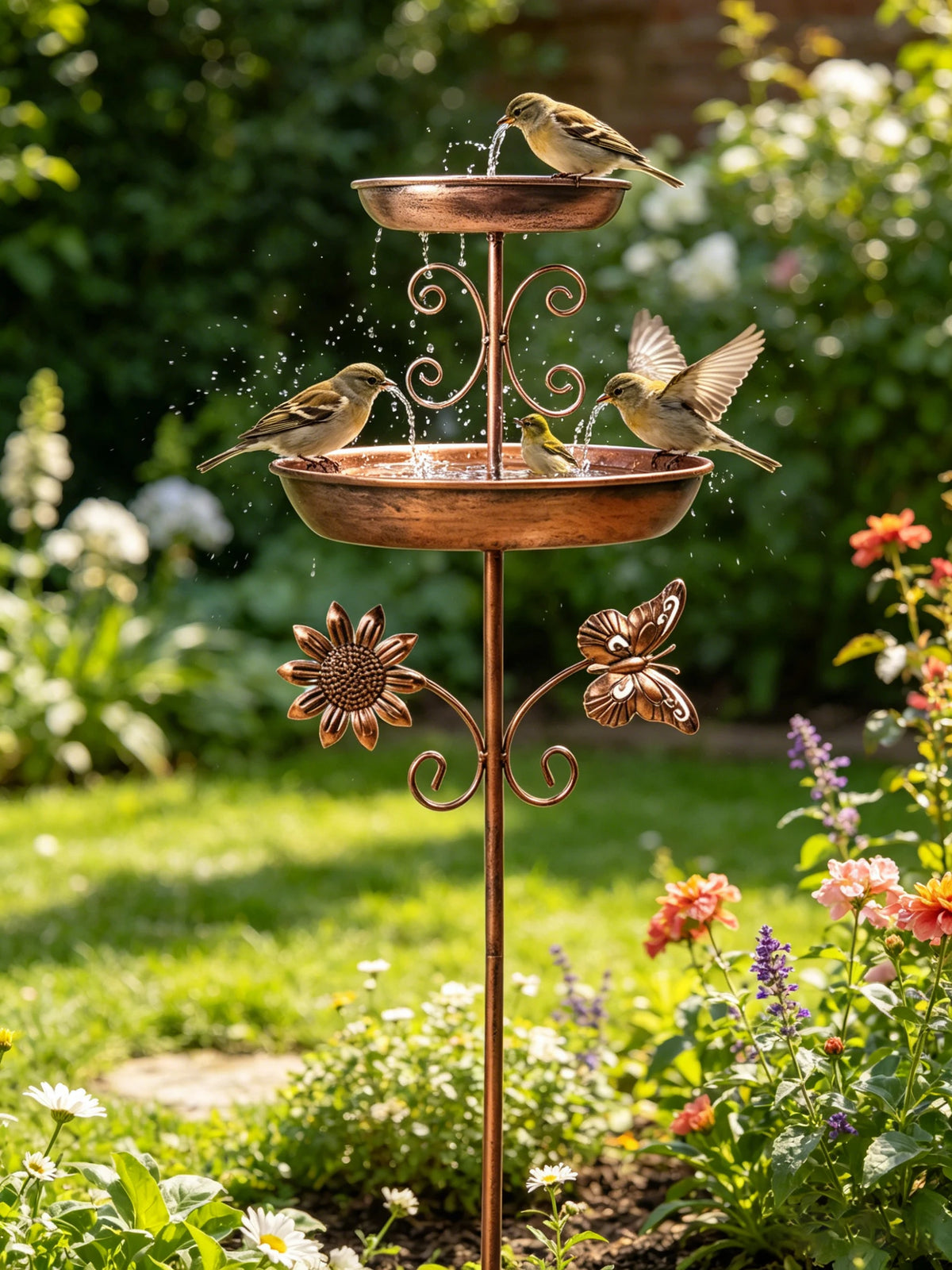 Una fuente de bronce vintage montada en un soporte, con un pájaro pequeño bebiendo agua en un jardín.