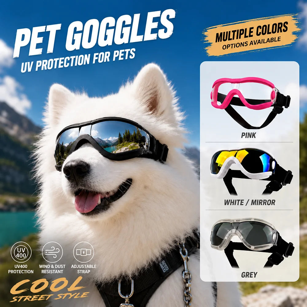 A fluffy white dog wearing pink and silver pet goggles for UV protection outdoors.