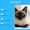 Nahaufnahme einer Katze, die direkt in die Kamera blickt, neben Informationen zu einem Tierohrreiniger.