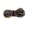 A coiled brown heavy-duty waterproof dog leash with a brass clasp and black strap.