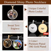 Diamond shiny photo necklace featuring a custom photo locket with sweet text engraving and 18k gold plating.