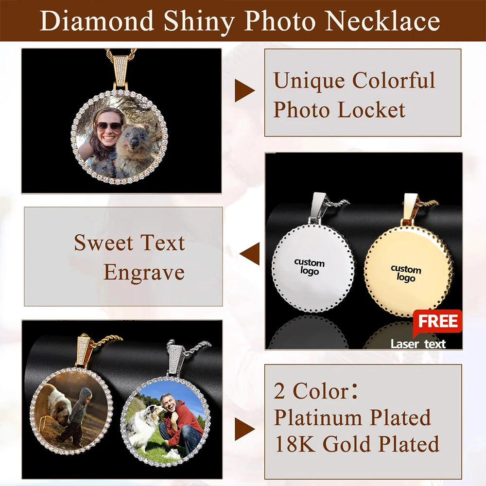 Diamond shiny photo necklace featuring a custom photo locket with sweet text engraving and 18k gold plating.