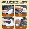 Hands are cleaning various parts of a cat including its face, butt, paw, and ear with white wipes.