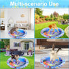 A cat is playing on a colorful, multi-scenario pet water sensory mat in various outdoor and indoor settings.