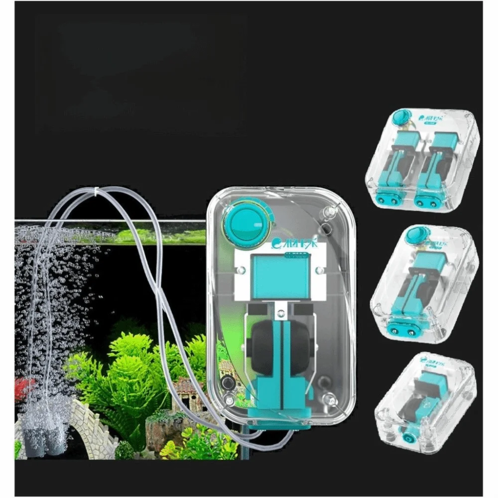 An ultra-quiet aquarium air pump with adjustable flow is shown in various forms and a live demonstration.