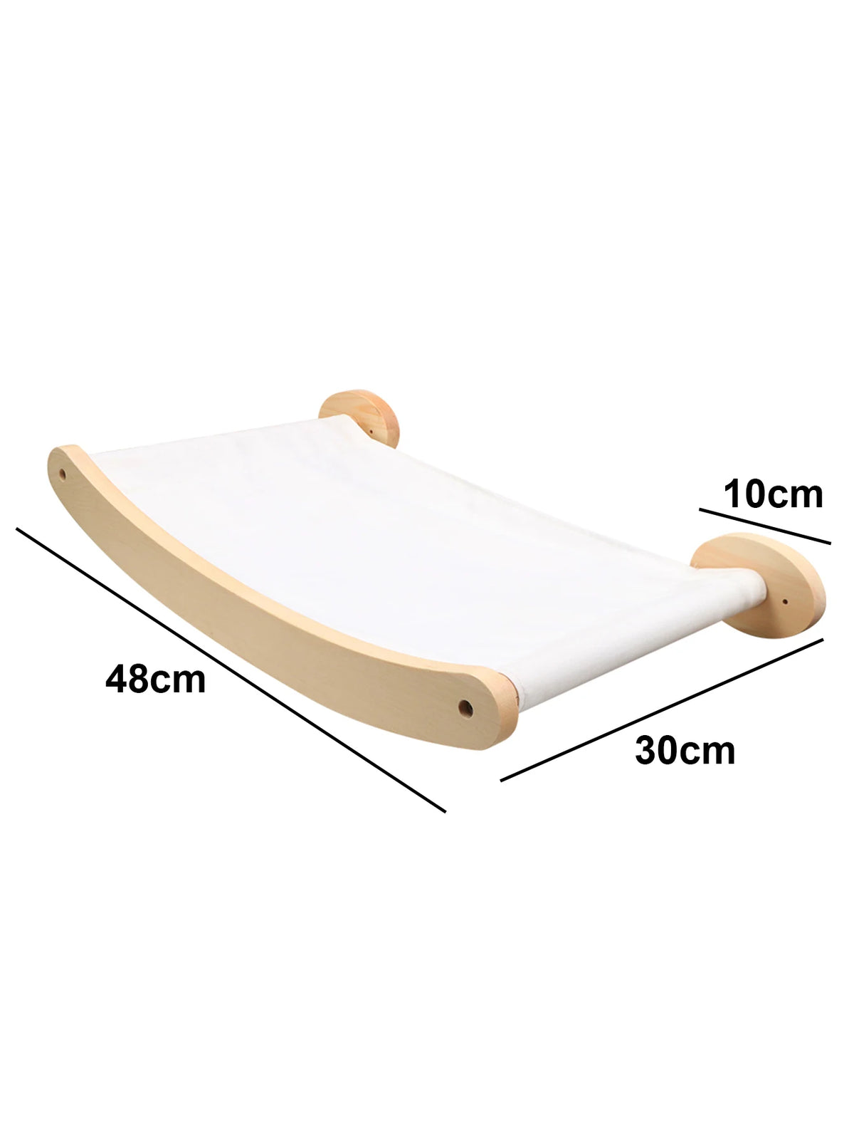 Wall-mounted wooden cat climbing shelf and hammock with dimensions 48cm by 30cm.