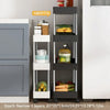 A black and white mobile storage rack with wide and narrow style options for kitchen use.