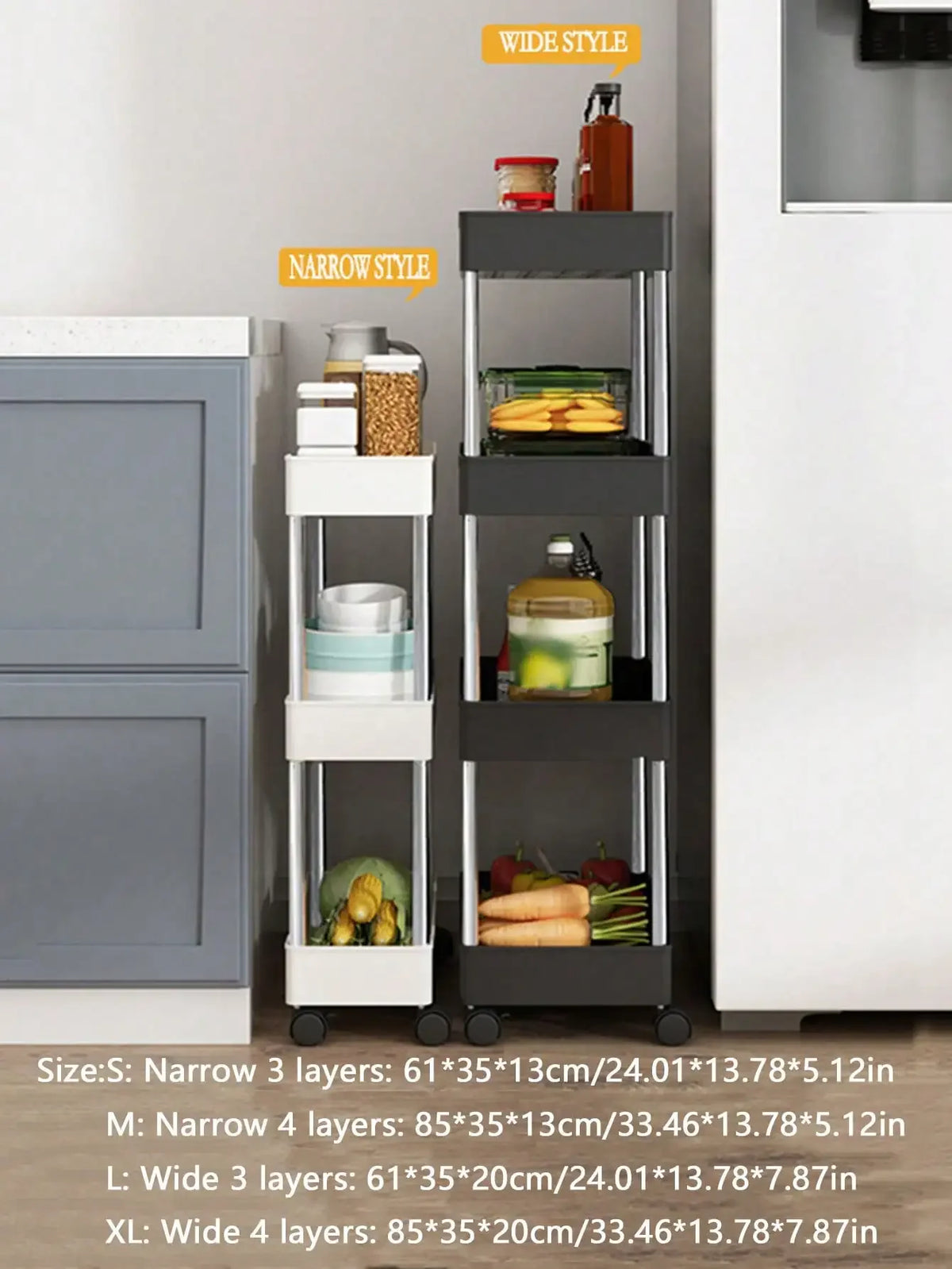 A black and white mobile storage rack with wide and narrow style options for kitchen use.