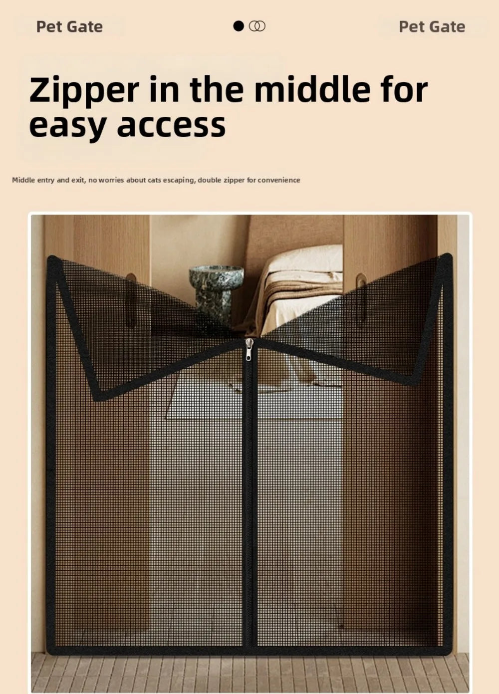 A black foldable metal mesh pet gate is shown installed in a wooden enclosure for easy access.