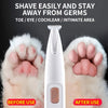 A white cordless pet grooming trimmer is shown next to a paw, demonstrating its use for shaving sensitive areas.