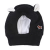 Black knit ear muffs for dogs featuring white fluffy ears