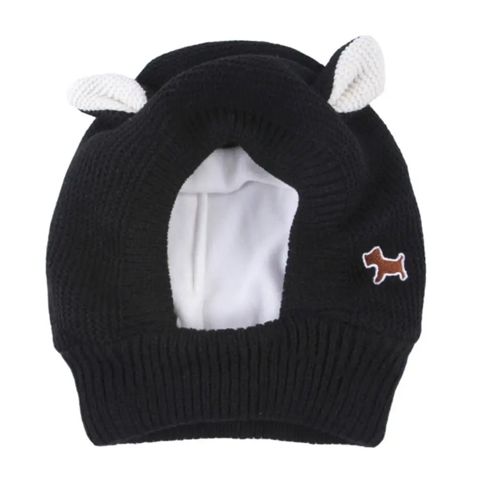 Black knit ear muffs for dogs featuring white fluffy ears